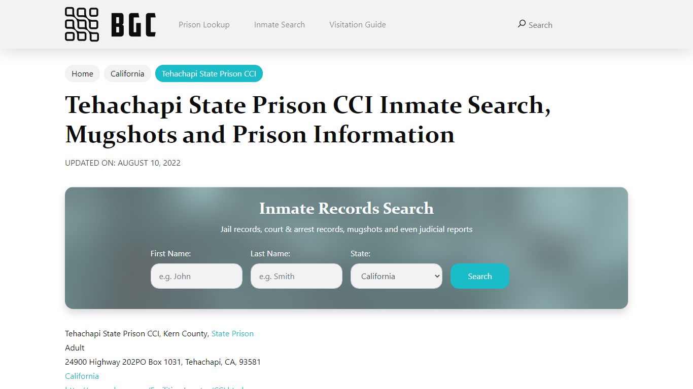 Tehachapi State Prison CCI Inmate Search, Mugshots , Visitation, Phone ...