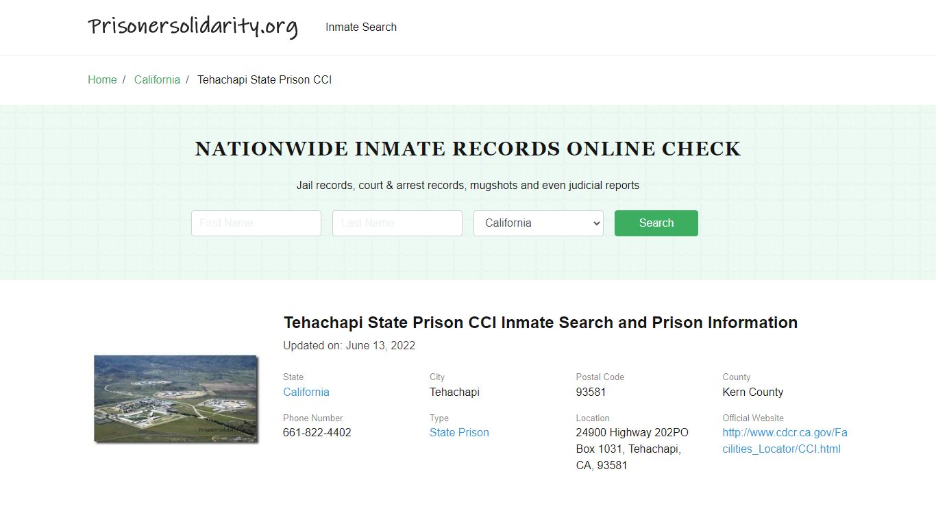 Tehachapi State Prison CCI Inmate Search, Visitation, Phone no ...